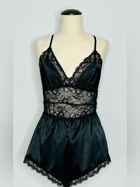 Black Satin Lace Teddy Romper with Lace Trim and Criss Cross Low Back size S/M